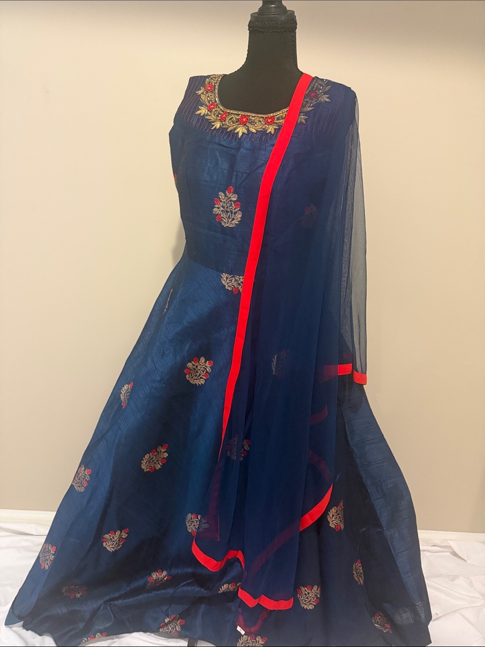 Elegant Navy Blue Anarkali Embroidered Women's Dress with Red Trim